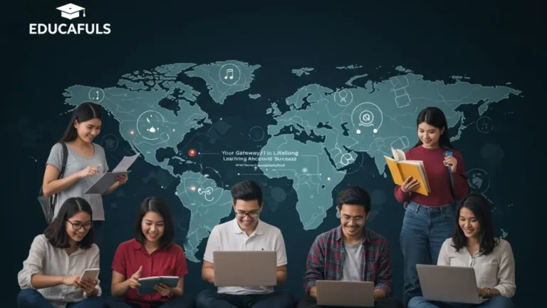 Diverse global learners using technology and books, representing Educafuls' mission