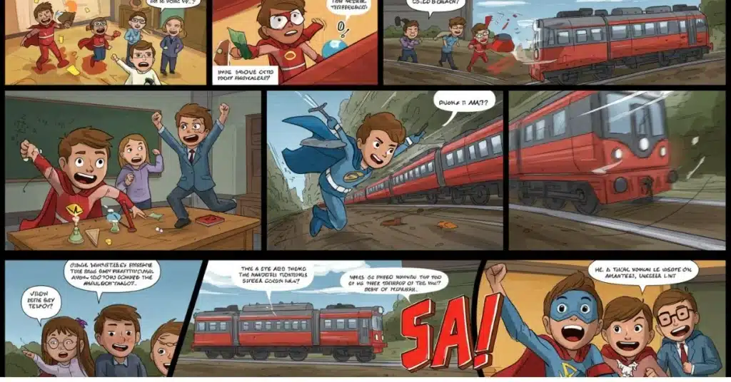 Superhero student solving math problems in an educational cartoon comic.
