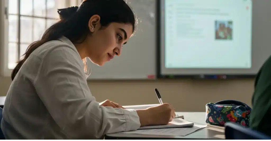 Student writing on paper notebook in modern digital classroom environment for better focus and memory in 2025