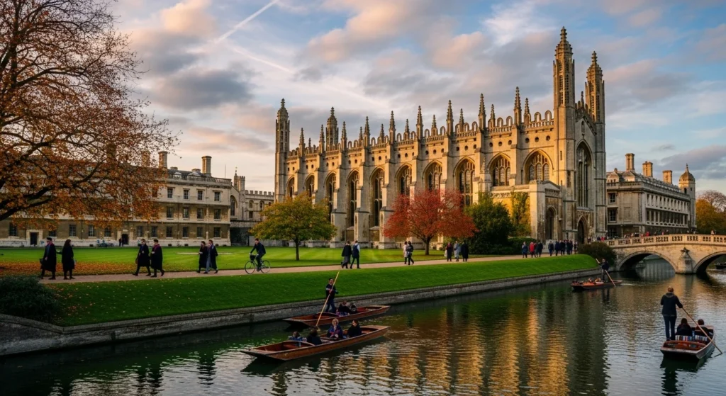 Elegant view of King's College at Cambridge University with students punting on the River Cam during autumn
