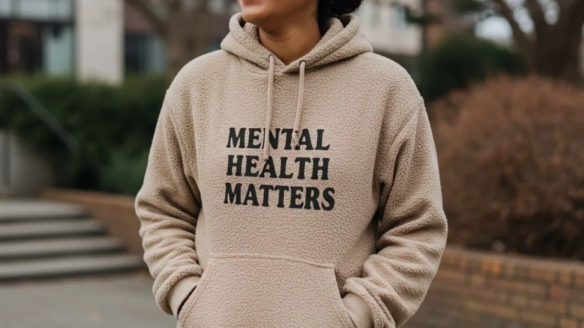 Person wearing a Mental Health Matters hoodie to promote awareness and support mental well-being.