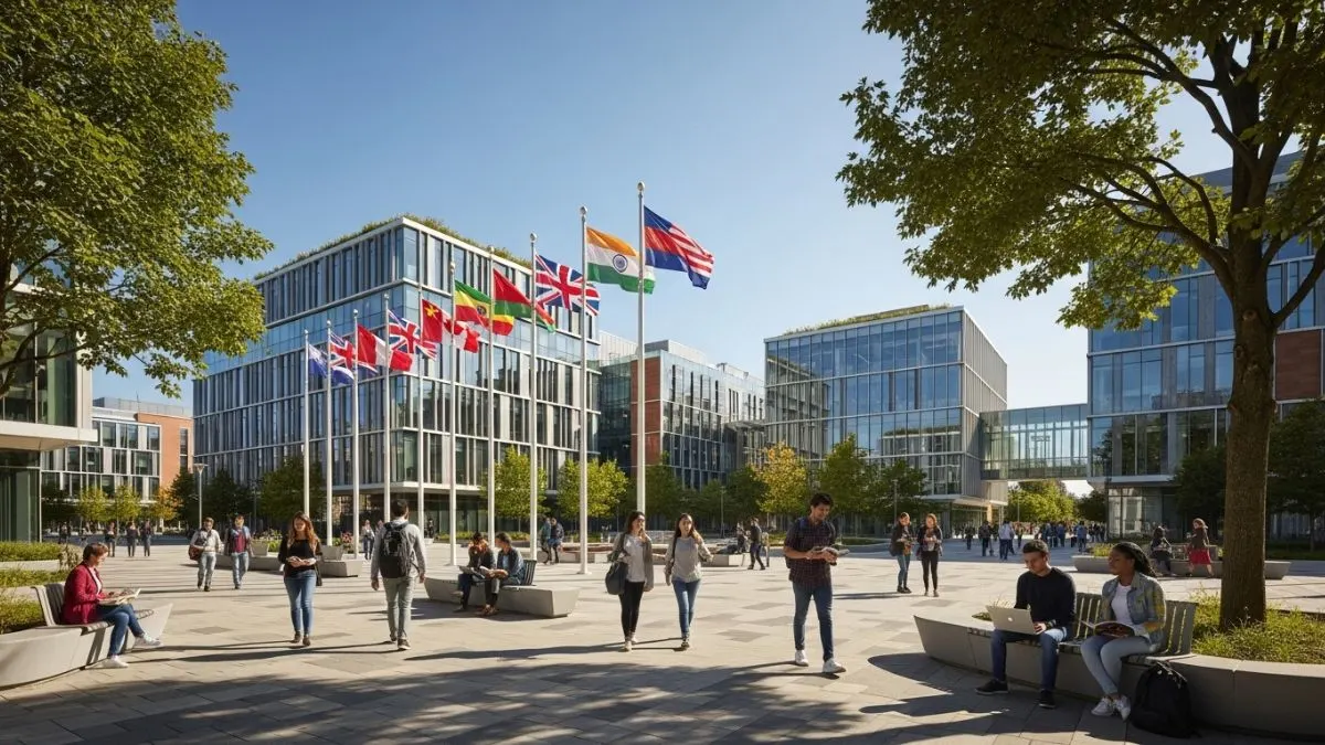 Students walking on the BK University campus with modern academic buildings in the background