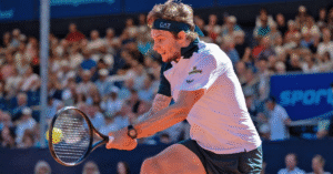Alexander Bublik 2025 training shot showing focused expression ahead of breakthrough performances