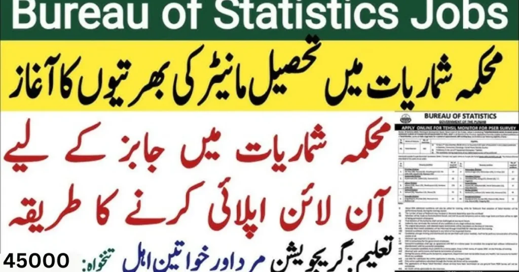 Tehsil Monitor Jobs 2025 announcement by Punjab Bureau of Statistics – Apply online before 11 August 2025