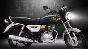 A high-performance 2025 retro scrambler motorcycle with LED headlamp and golden forks parked in an industrial-style space