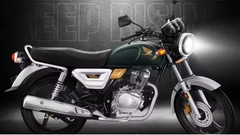 A high-performance 2025 retro scrambler motorcycle with LED headlamp and golden forks parked in an industrial-style space