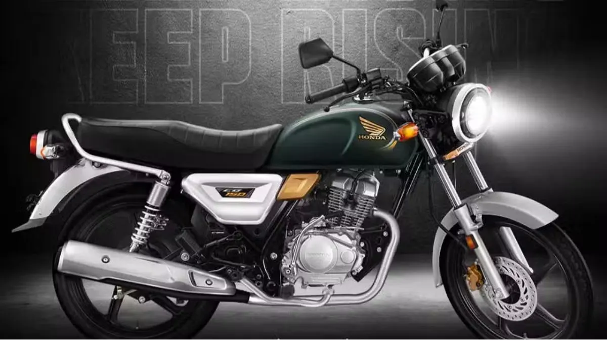 A high-performance 2025 retro scrambler motorcycle with LED headlamp and golden forks parked in an industrial-style space