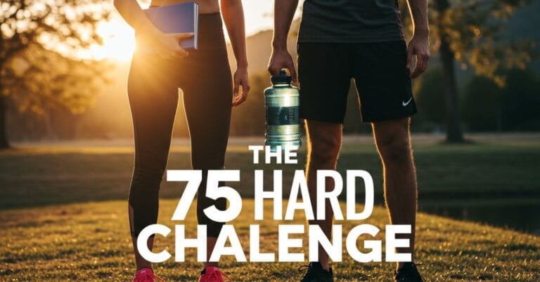 Motivated man and woman outdoors with water and book, representing 75 Hard Challenge