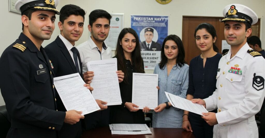 Male and female candidates applying for Pakistan Navy civilian jobs 2025 at recruitment center