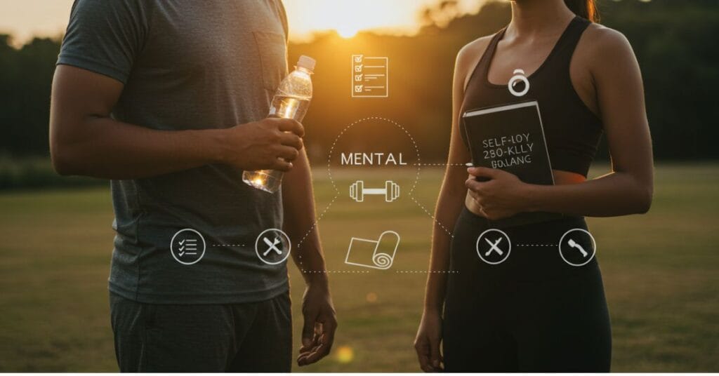 Man and woman outdoors holding a book and water bottle, symbolizing the core habits of the 75 Hard Challenge.