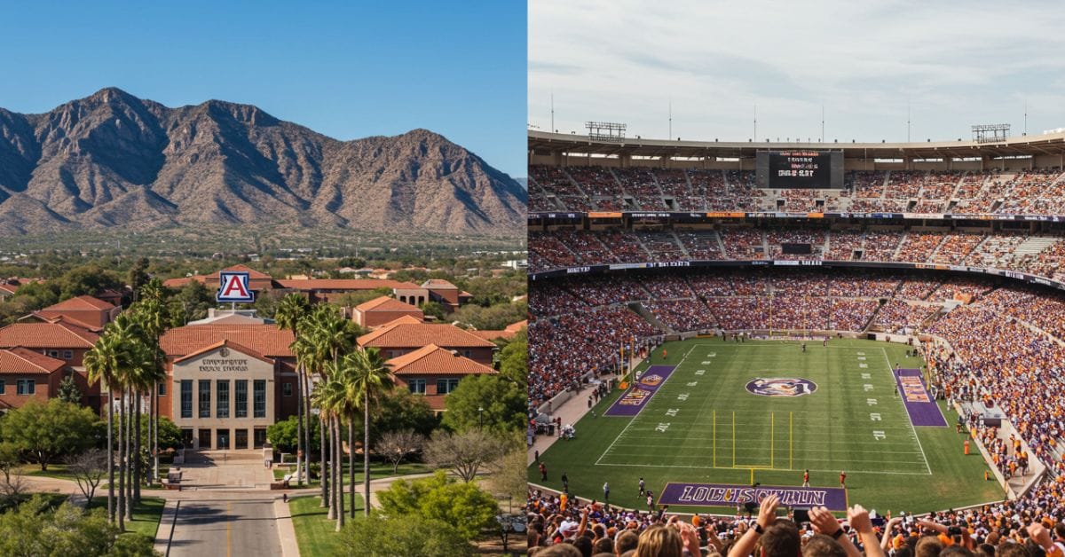 Side-by-side view of University of Arizona and LSU campuses