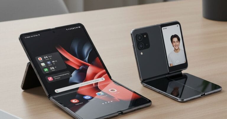 Samsung Z Fold 7 and Z Flip 7 displayed on a modern desk setup, showcasing open and Flex Mode features.