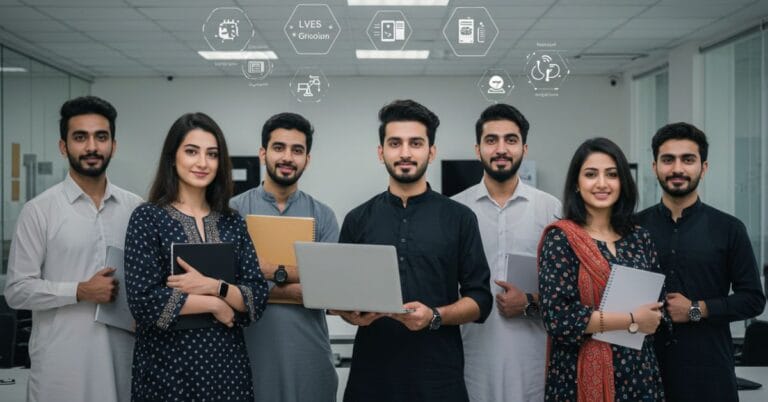 Pakistani students and graduates with Haier logo—internship program visual.