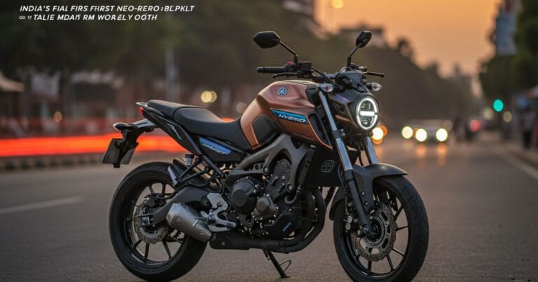 Yamaha FZ X Hybrid parked on an Indian street with hybrid badge and retro design
