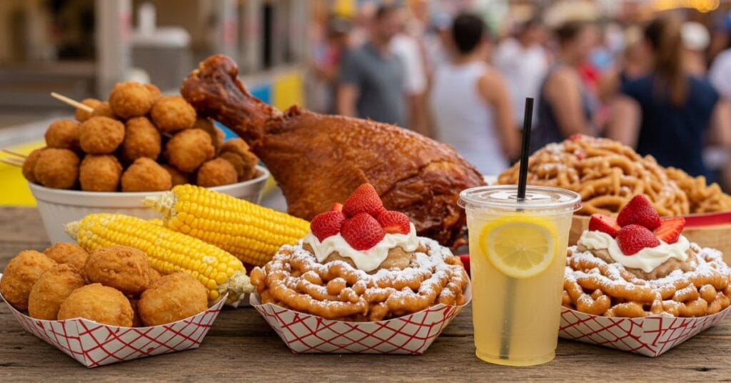 A vibrant food stall at the Ohio State Fair 2025 featuring fried Buckeye Bites, turkey legs, roasted corn, funnel cakes, and fresh lemonade.