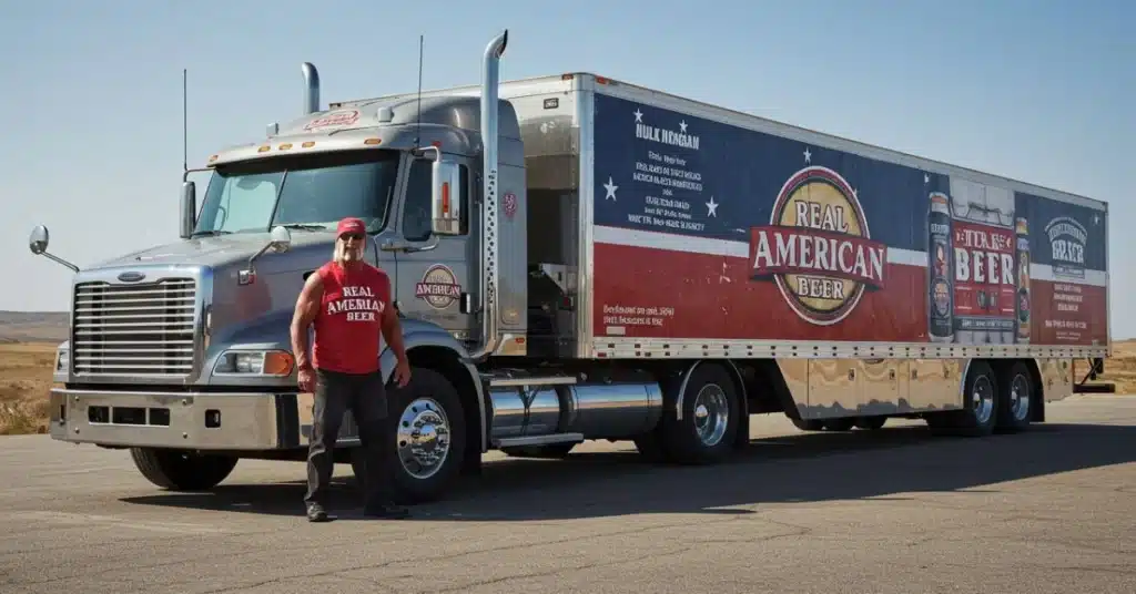 Hulk Hogan holding a can of Real American Beer, smiling at launch event, symbolizing his booming business ventures beyond wrestling