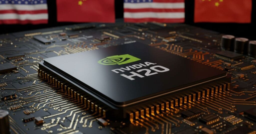 Nvidia H20 chip featured on a high-performance server board with U.S. and China flags in the background.