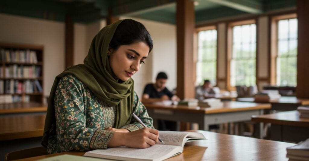 Pakistani female student studying in a South Korean university library
