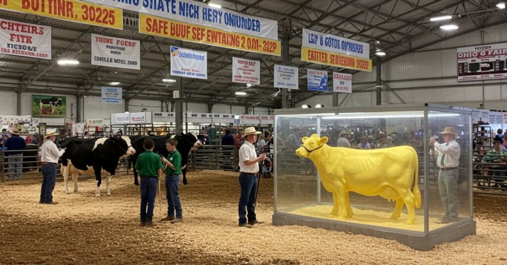 4-H participants showcase cattle and goats at the Ohio State Fair 2025 livestock competition, with families visiting the famous butter cow sculpture and enjoying petting zoo animals.