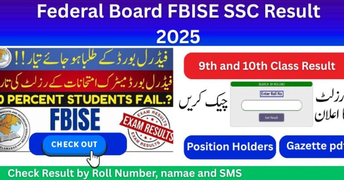 Pakistani student checking FBISE Matric Result 2025 on laptop with mobile SMS result nearby