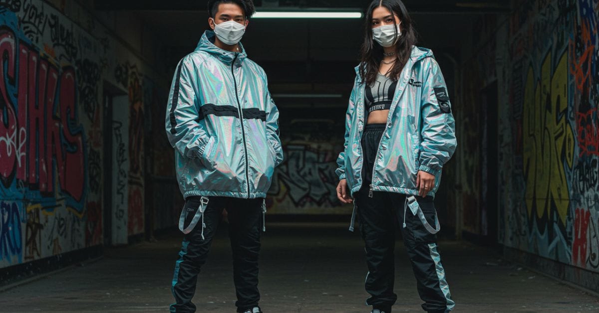 2025 streetwear fashion styles with Gen Z models in techwear, oversized outfits, and Korean genderless streetwear