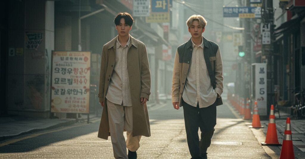 Genderless Korean fashion 2025 with youth in oversized pastel streetwear walking in modern Seoul street