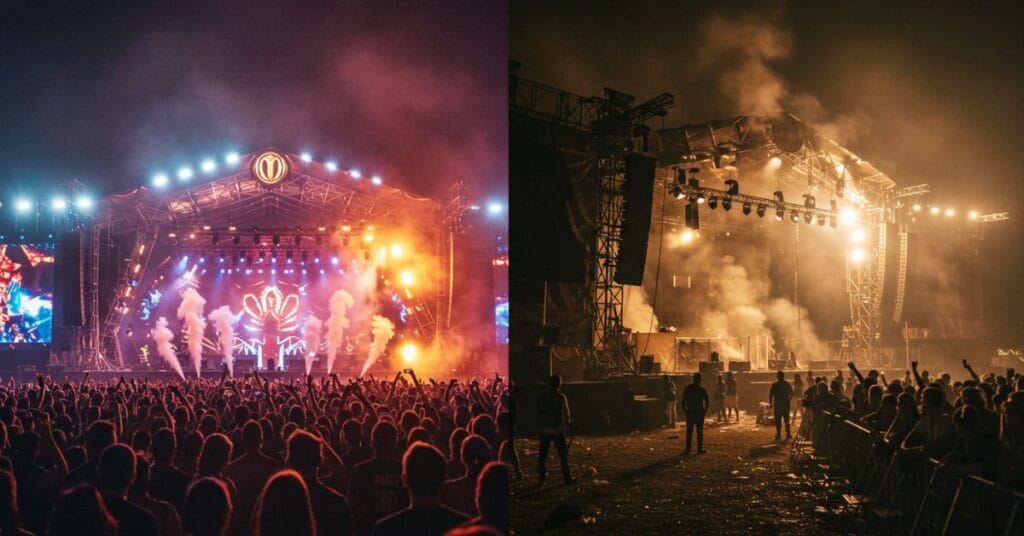 Before and after images of Tomorrowland 2025 fire showing stage celebration and post-disaster ruins