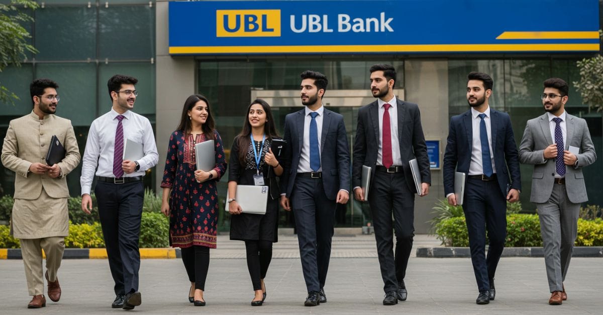 Group of Pakistani students outside UBL Bank applying for the UBL Internship Program 2025