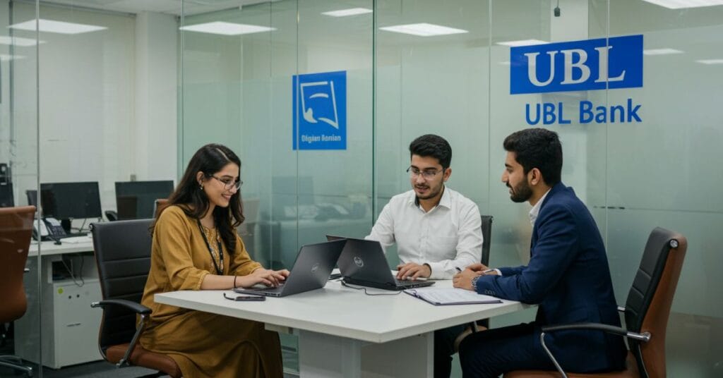 Pakistani UBL interns collaborating on client service and digital banking projects in 2025 internship program