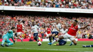 Fans erupt at Emirates Stadium after Arsenal's winning goal vs Tottenham in the 2025 North London Derby
