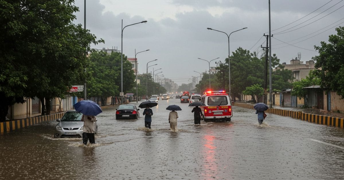 Flooded street in Karachi during heavy monsoon rain, July 2025