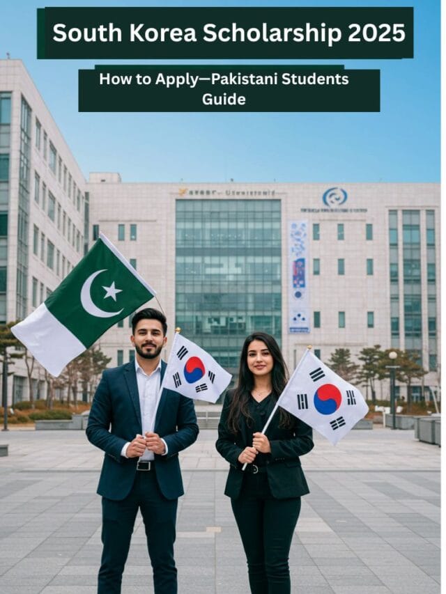 Pakistani students with South Korean flag outside university applying for scholarship 2025
