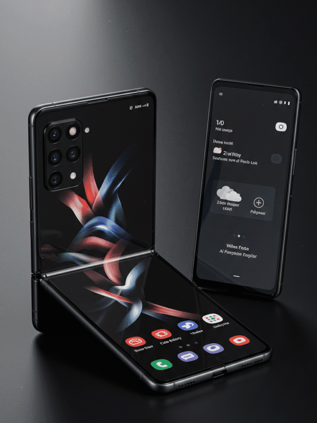 The Samsung Z Fold 7 is slightly open, and the Z Flip 7 in Flex Mode, showing real 2025 design with a titanium finish and full-screen displays.