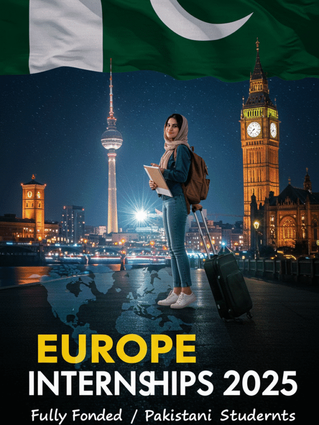 Confident Pakistani student standing with luggage in front of a European night skyline, promoting fully funded internship opportunities in Europe for Pakistani students 2025
