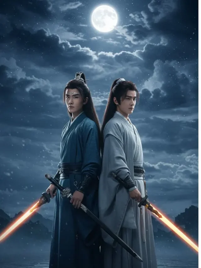 Wei Wuxian and Lan Wangji stand under a mystical sky in fantasy robes