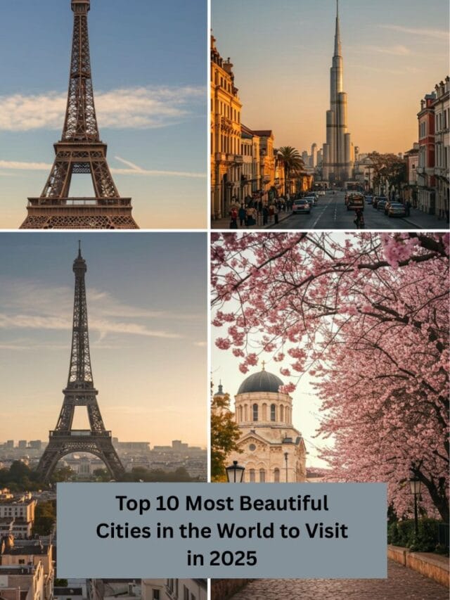 Collage of world’s most beautiful cities including Paris, Santorini, Dubai, and Kyoto under golden light