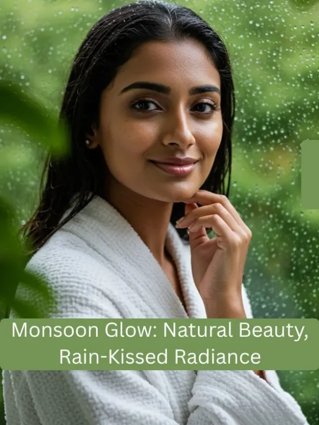 A South Asian woman enjoying monsoon weather with radiant skin and soft natural makeup near a window with rain drops.