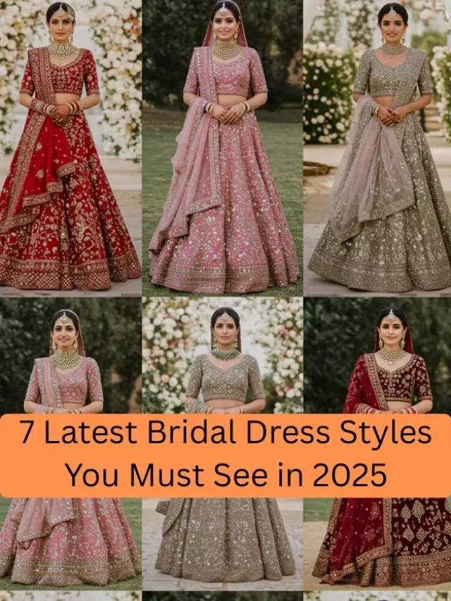 A collage of seven South Asian brides wearing trending 2025 bridal styles, including red lehenga, pastel, mirror work, ivory and gold, maroon velvet, cape dupatta, and fusion outfits, inspired by Indian and Pakistani weddings.