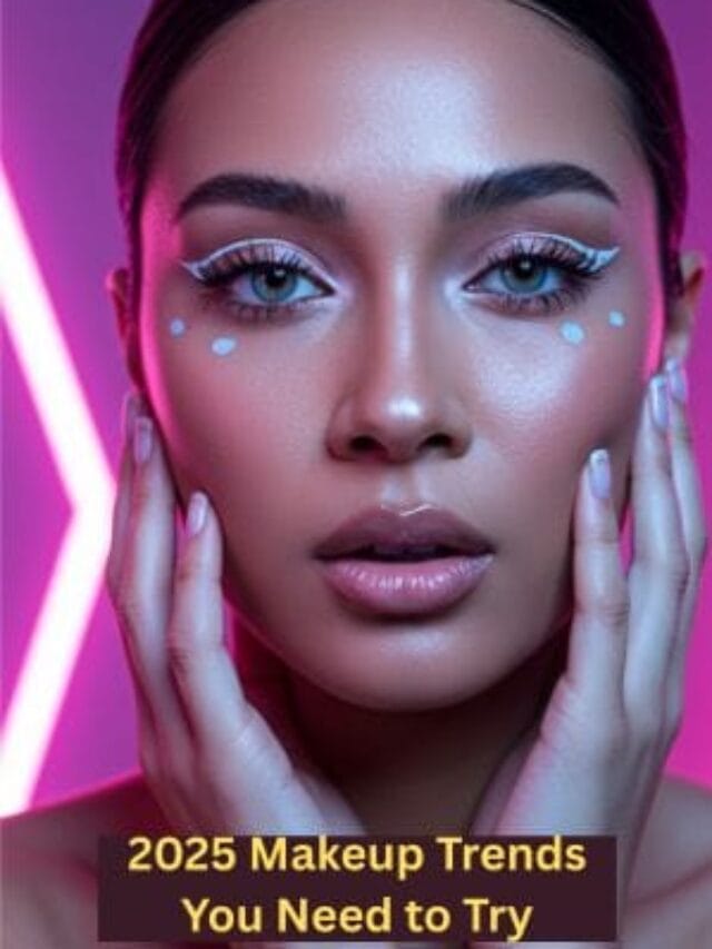 Editorial-style poster of a woman wearing futuristic 2025 makeup trends including holographic lips, demi-matte skin, and graphic eyeliner.