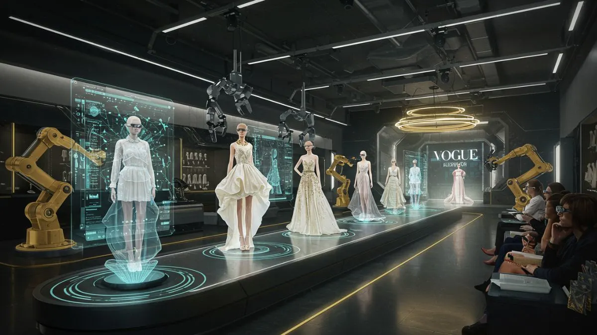 AI Fashion Houses showcasing futuristic luxury couture designs on a digital runway in 2025