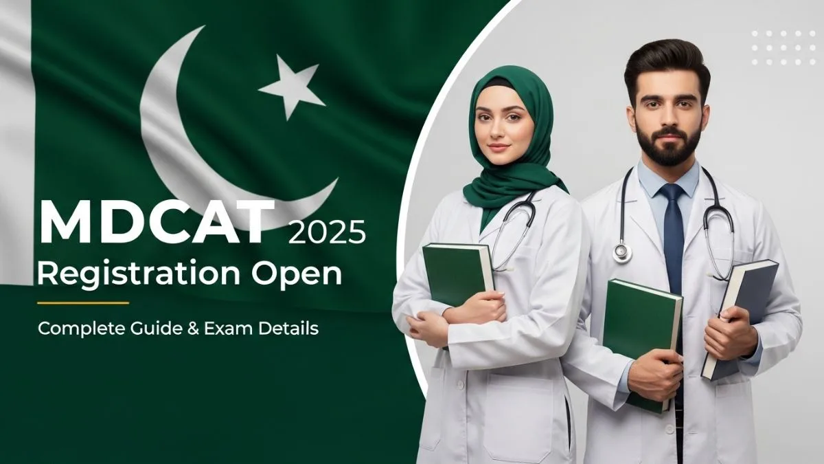 MDCAT 2025 registration open banner with Pakistani medical students, books, stethoscopes, and the Pakistan flag.