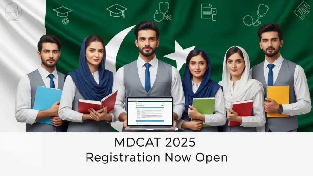Pakistani student holding books in front of a university campus with the MDCAT 2025 registration form and exam details.