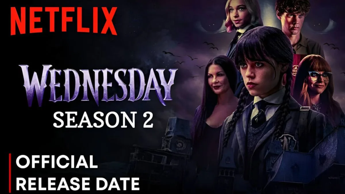 Main cast of Wednesday Season 2 standing outside Nevermore Academy