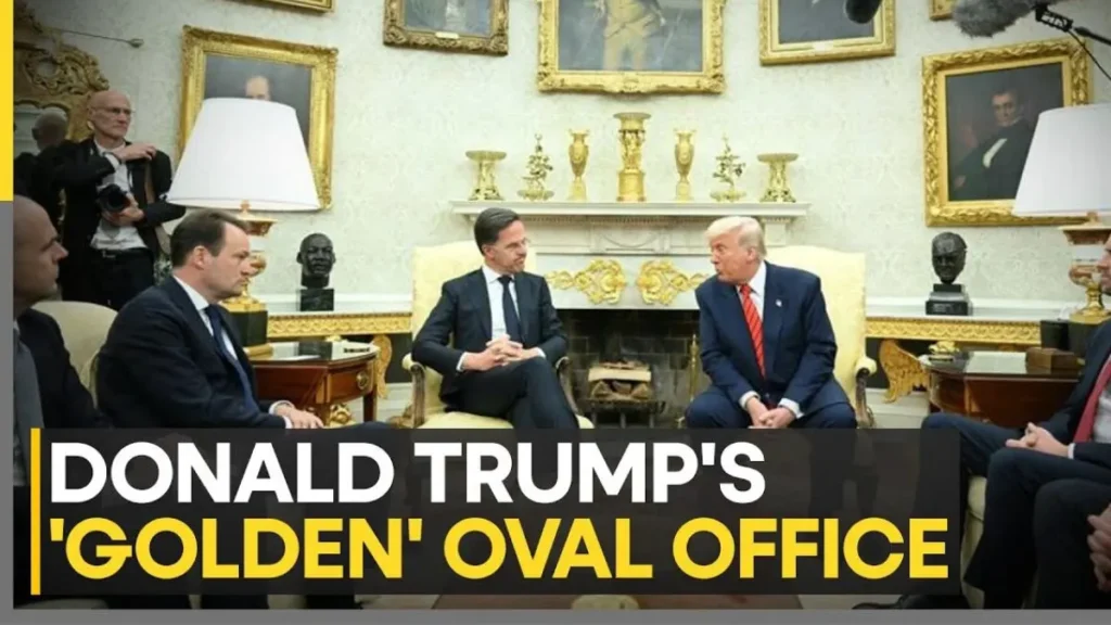 Trump White House Upgrade: Oval Office redesigned with gold decor, historical portraits, and custom furnishings.