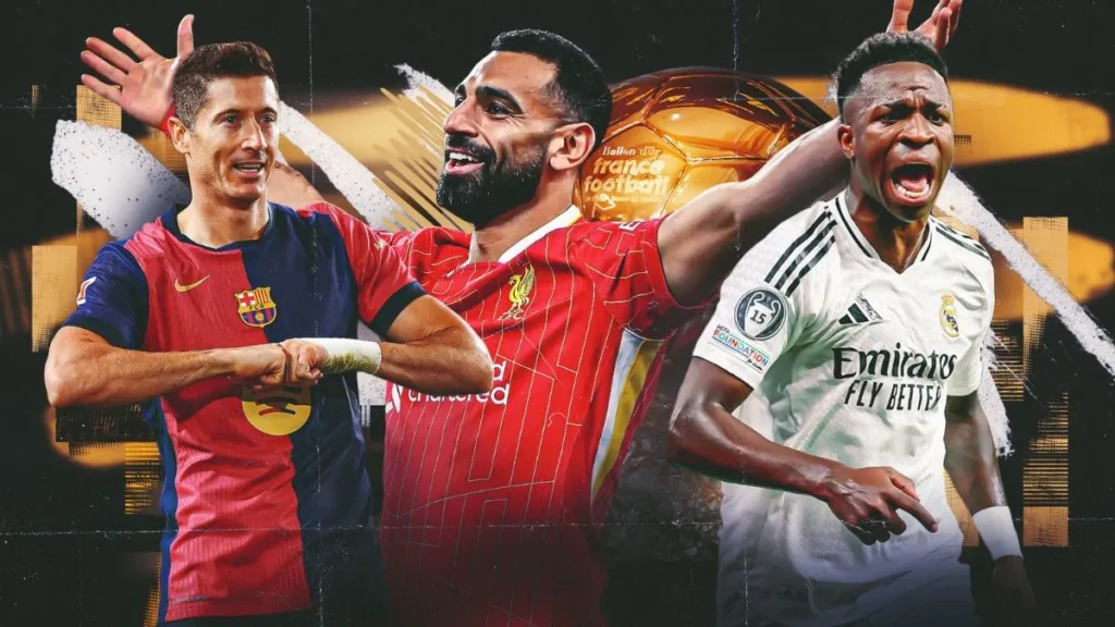 Ballon d’Or 2025 contenders graphic featuring Salah, Dembele, Yamal, and Palmer