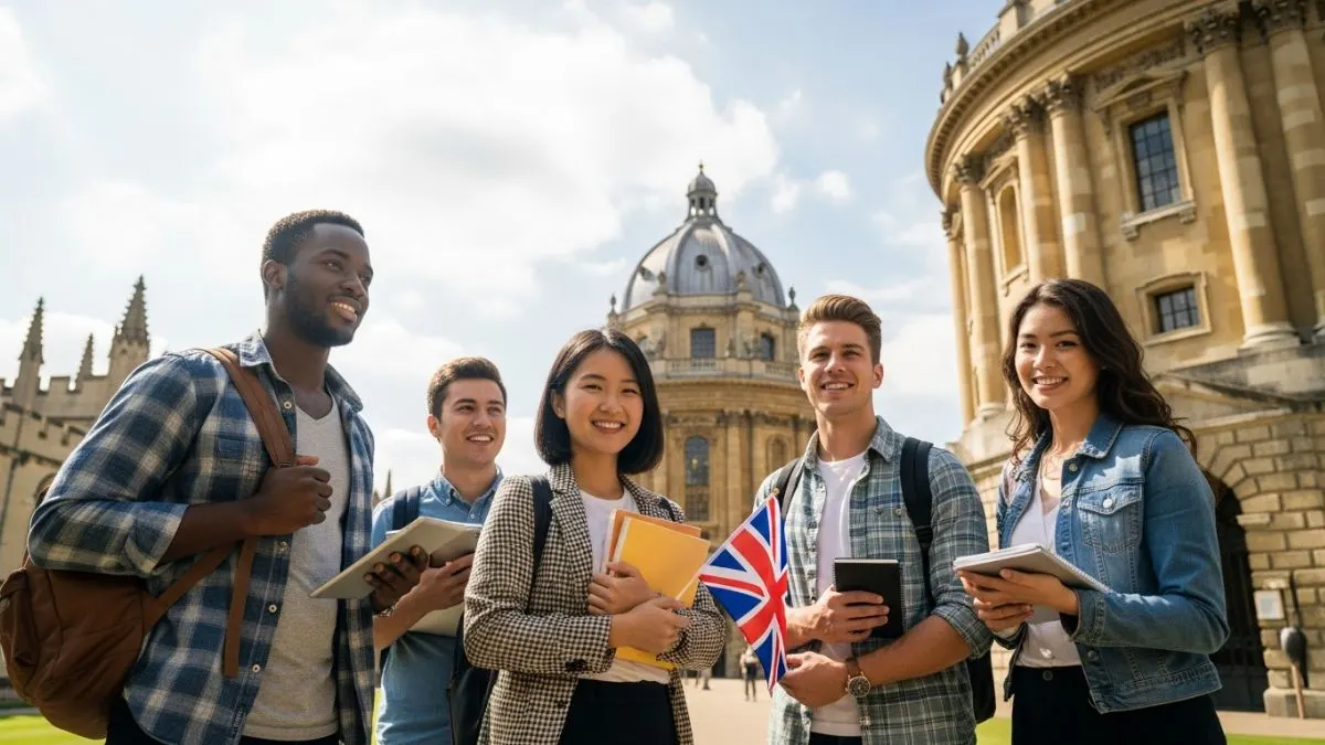 International student at Oxford University holding books and UK flagK F Fully Funded Scholarships 2025 for international students