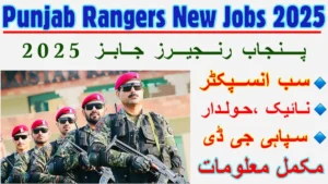 Pakistan Rangers Punjab jobs 2025 new recruitment advertisement with Rangers soldiers in uniform – Apply online for Sub Inspector, Naik, and GD Sipahi posts