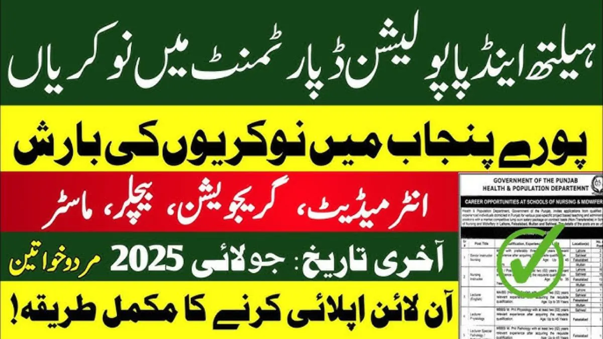 Official announcement for Punjab Health & Population Department Jobs 2025 with multiple vacancies in healthcare monitoring and evaluation.