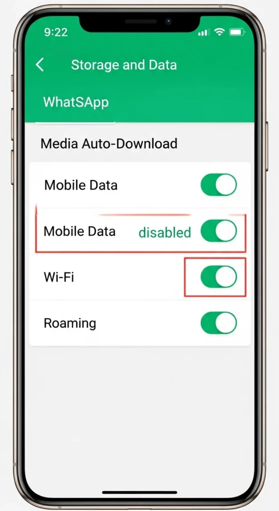 Customize WhatsApp media auto-download settings to save mobile data by disabling automatic downloads.