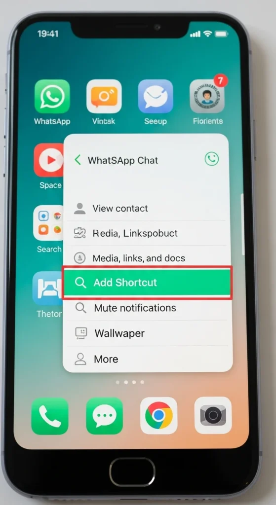 Phone home screen displaying the WhatsApp chat shortcut icon and settings menu with “Add Shortcut.”